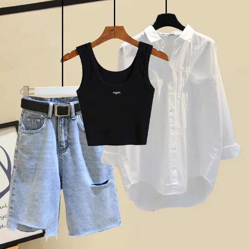 Большой женский летний комплект новинка 2024 Солнцезащитная рубашка с майкой