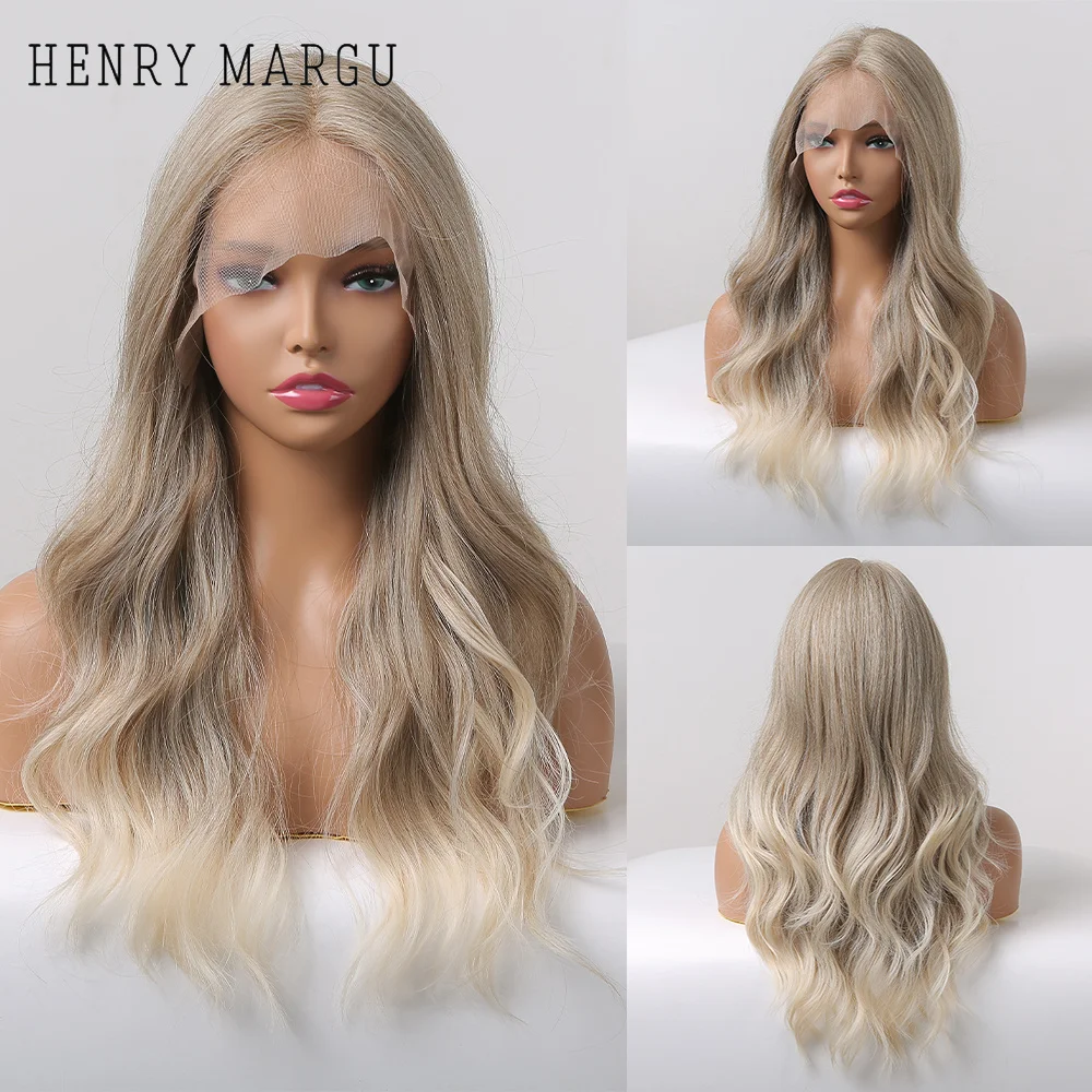 

HENRY MARGU Long Wavy Synthetic Lace Hair Wigs Light Ash Grey Blonde Ombre Lace Front Wig for Women Heat Resistant Daily Party