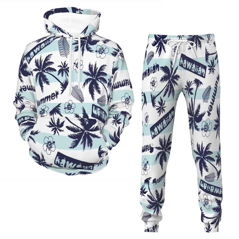 

2022 Men Women Spring Autumn Hawaii Outfits High Quality 3D Printed Coconut Palm Hoodie&Sweatpants Daily Casual Fashion 2pcs Set