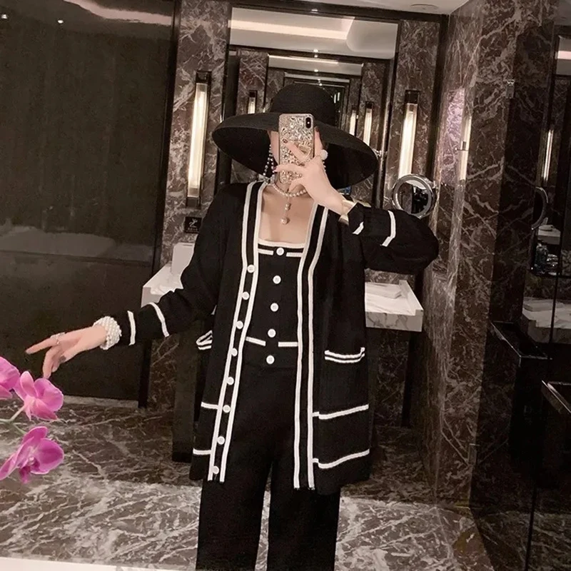 Женский весенне-летний комплект из трех предметов элегантный вязаный жилет и