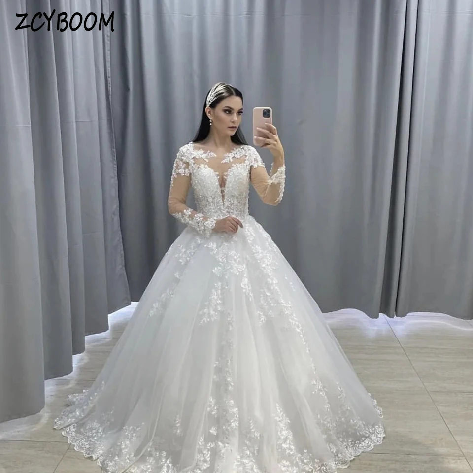 

Elegant O-Neck Sequin Lace Appliques Long Sleeves Wedding Dress 2023 Ball Gown Floor Length Sweep Train Lace Up Bridal Gown