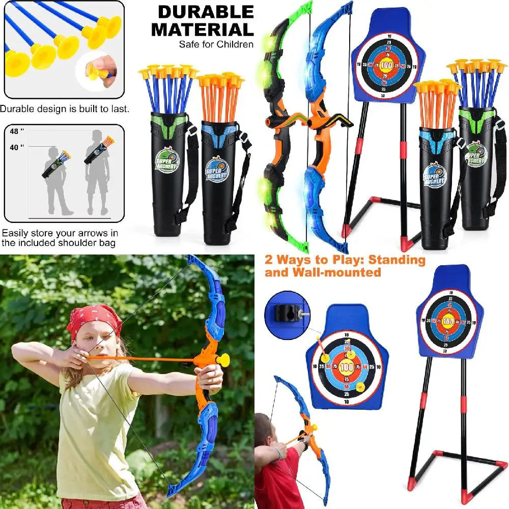 

2 Packs of Fun Kid Outdoor Toys for Boys and Girls Aged, LED Lights Bow and Arrow Set with Suction Cup Arrows and Standing Targe