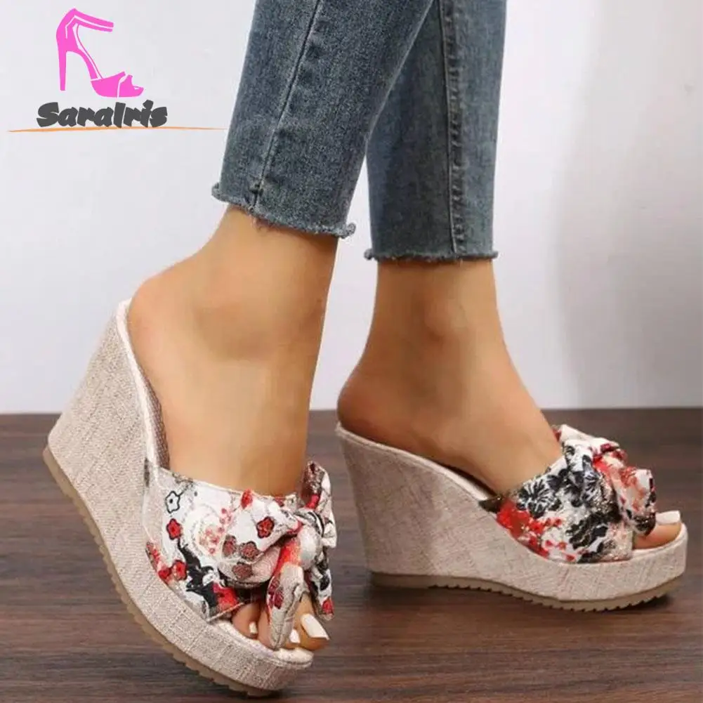 Platform Straw Women  Sandals 2023 Hot Fashion Vintage Wedge High Heels Elegant Sandals Slipper Flower Print Ankle Strap Sandals