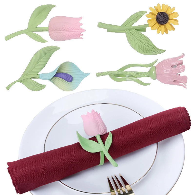 

Valentine's Day Metal Painted Rose Napkin Ring New Mori Restaurant Table Napkin Buckle Tulip Flower Alloy Napkin Ring