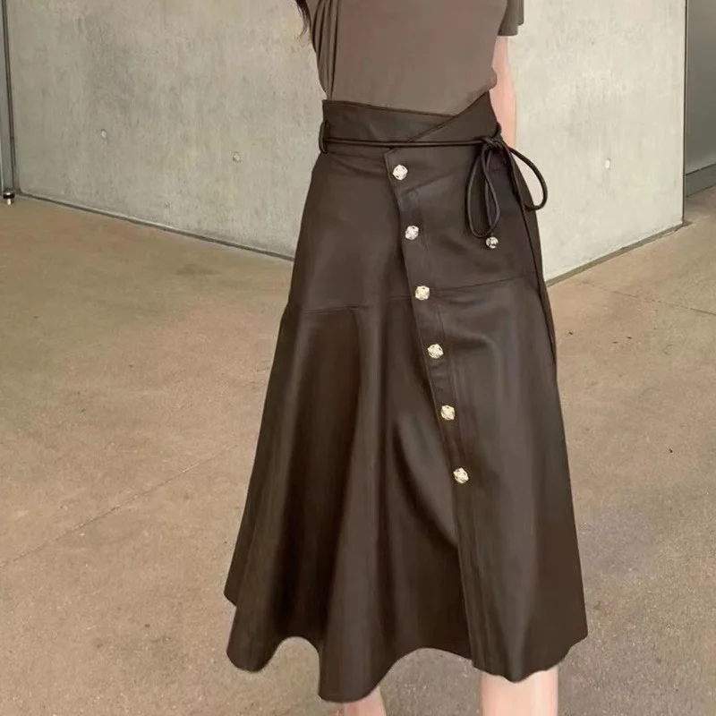 

Women's Leather Skirt Leather Skirt New Design Perceptual Style Button Asymmetric Waist Umbrella Sheepskin Skirt
