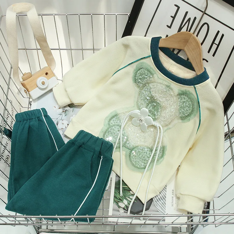 

Kids Autumn Clothing Girls Suit Bear Pattern Flower Fringe Spring Tops Cute Toddler Top+long Casual Pants Sweet Girl 2 Piece Set