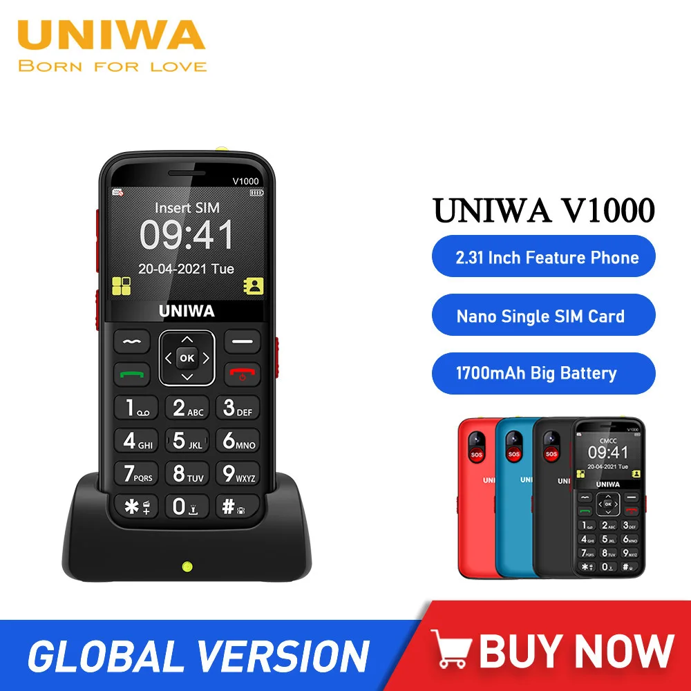 UNIWA V1000 4G Feature Phone 0.3MP Camera Mobile Phone Russian Keyboard 2.31 Inch Big Button Cellphones 1700mAh for Elderly SOS