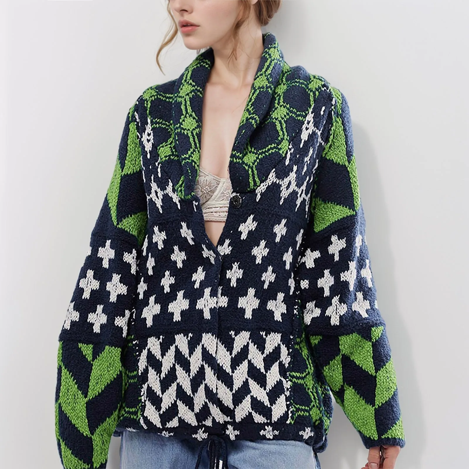 Женский вязаный мешковатый Длинный пуловер с абстрактным принтом и лацканами 2024