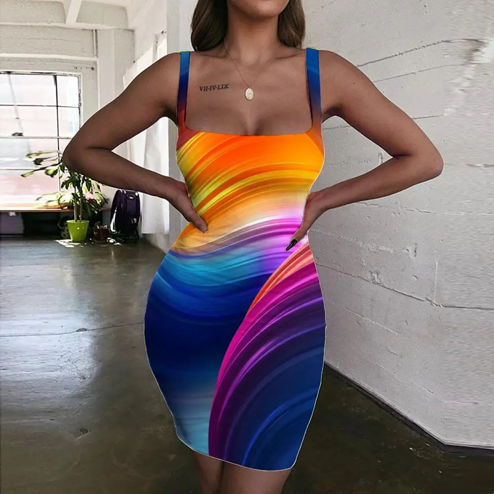 

KYKU Brand Color Dresses Women Colorful 3d Print Abstract Ladies Dresses Cute Vestido Sexy Womens Clothing Club Short Boho