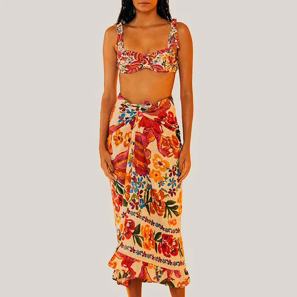 

Бикини и юбка на шнуровке в народном стиле на заказ, женские купальники из двух частей с открытой спиной, шикарные симметричные стринги с бантиком, купальные костюмы