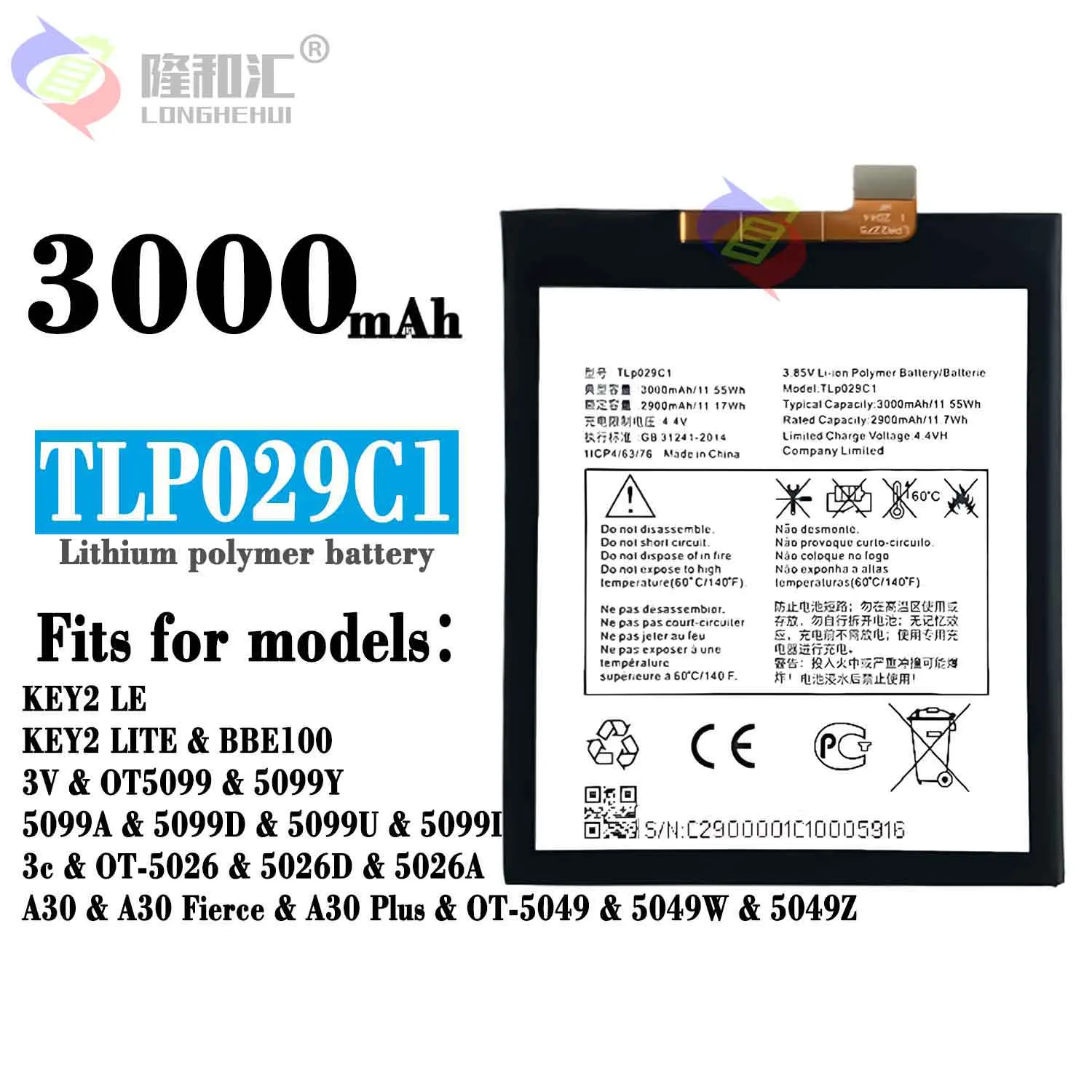 

Original 3000mAh TLp029C1 TLp029C7 Battery for Alcatel 3C 3V 5099 5099D OT-5026A OT-5026D Blackberry Key2 LE Key 2 Lite