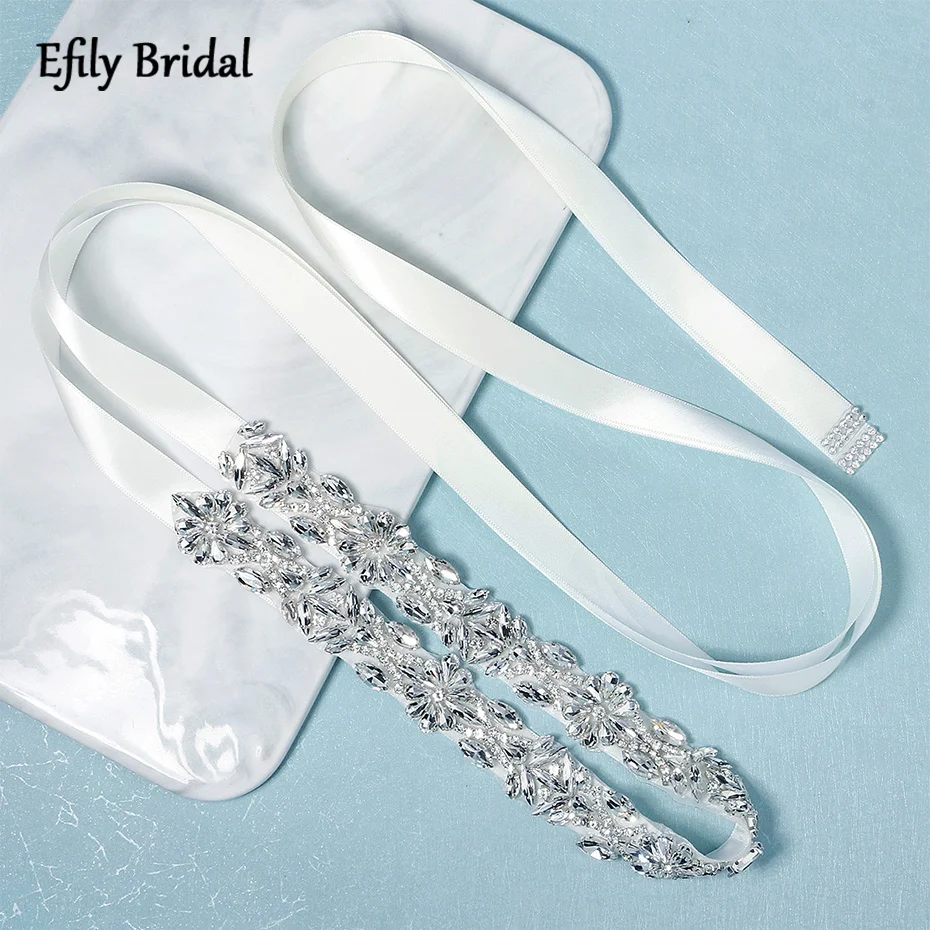 

Efily Rhinestone Bridal Belt Luxury Crystal Applique Wedding Belt for Dress Silver Color Bride Accessories Party Sashes Ribbon