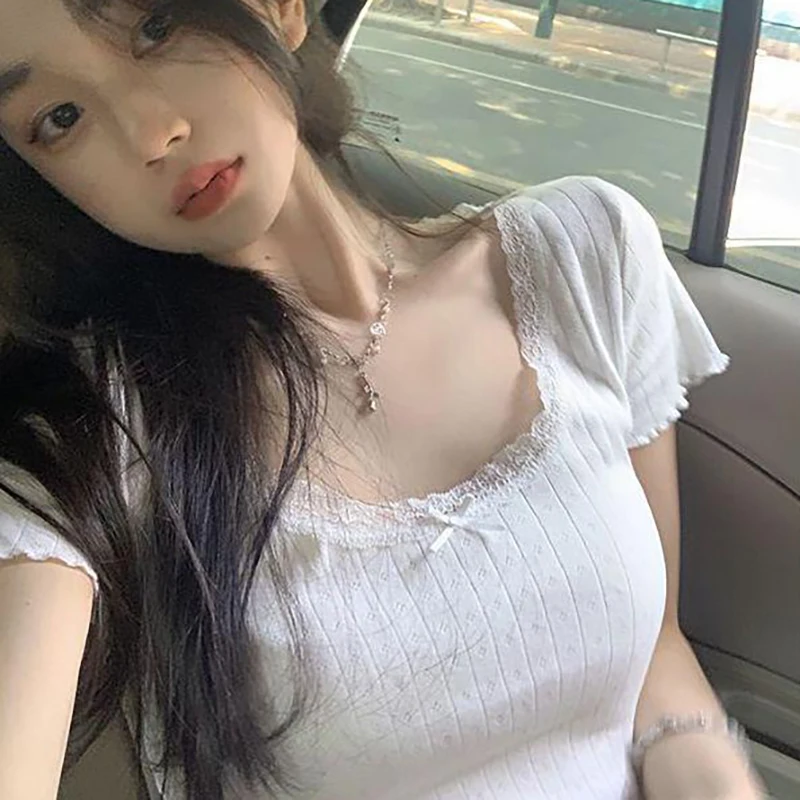 Женская кружевная футболка с коротким рукавом и квадратным вырезом