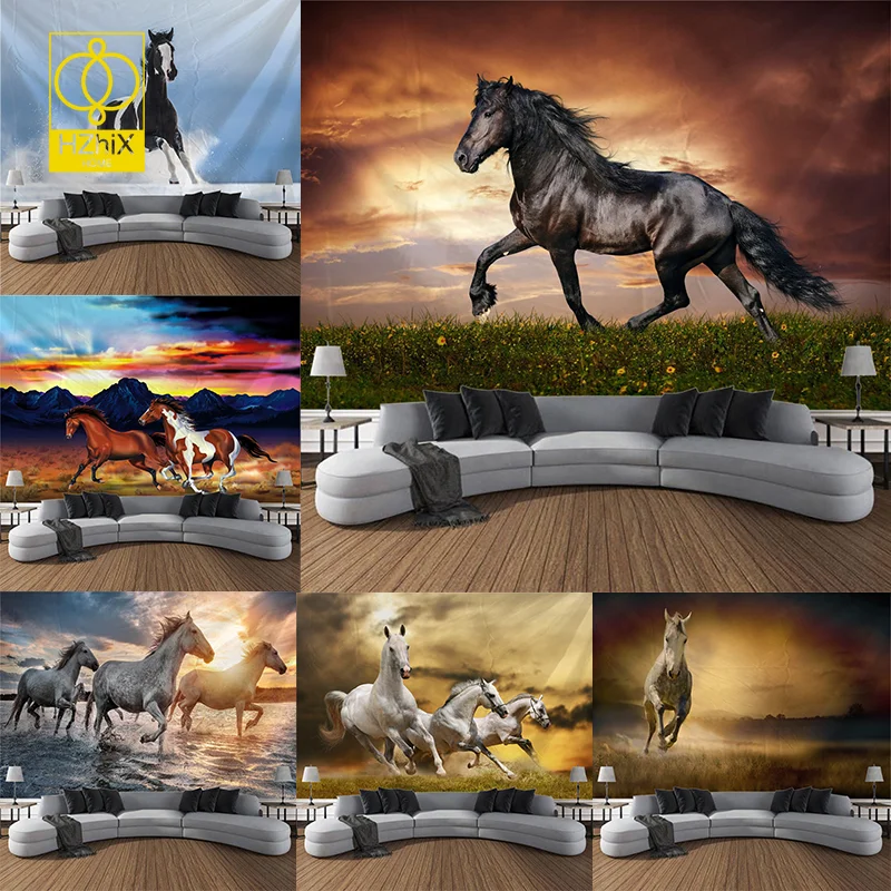 

3D Running Horse Tapestry Lifelike Animal Pictures Wall Hanging Living Room Bedroom Office Background Fabric Art Tapestries
