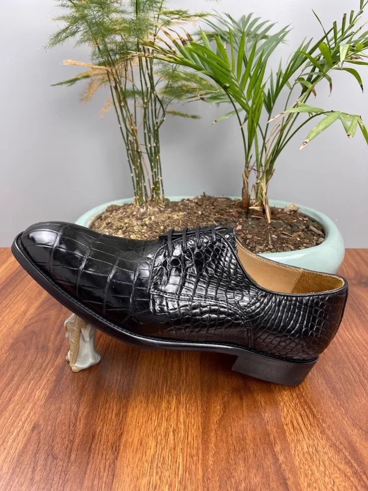 Туфли мужские из натуральной кожи под крокодила на шнуровке и блочном каблуке