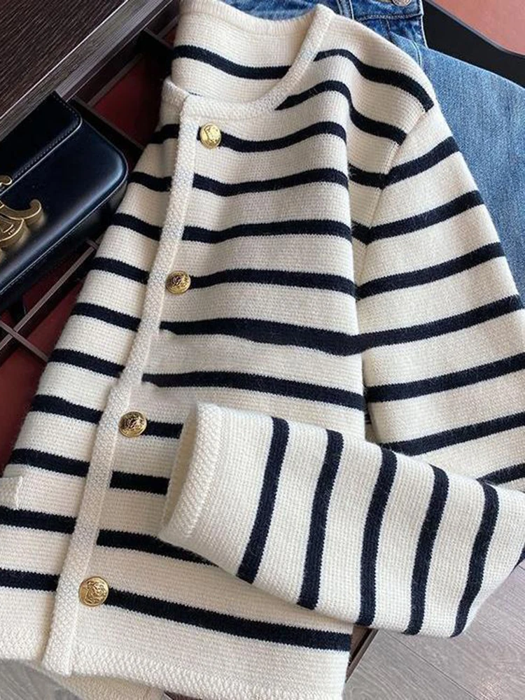 

Jmprs Simple Striped Cardigan Sweater Women Korean Loose Fashion Knitted Tops Fall O Neck Single Breasted Elegant Cardigan Coat