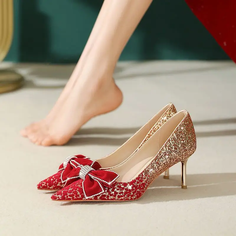

Sequined Red High Heels Women Shoes Bow Tie Wedding Shoes Stiletto Pumps for Women Party Dress Shoes 2023 New Zapatos De Mujer