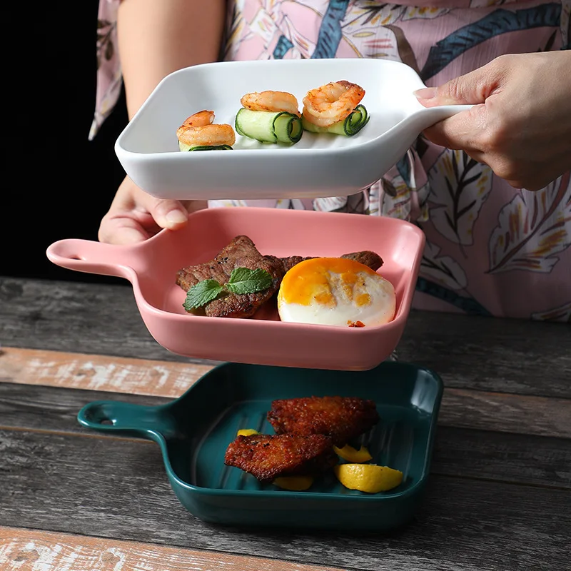 

Nordic Ceramic Baking Tray Dish Square Creative Breakfast Plate Baking Bowl Non-stick Base Oven Special Baked Rice Baking Tray