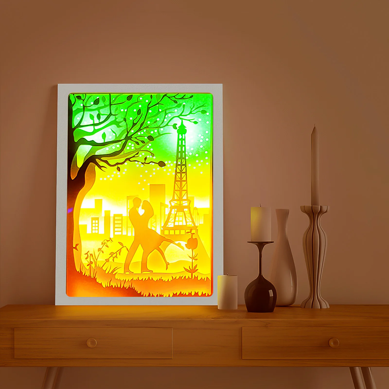 

Paper Sculpture Night Light With Fixing Base USB Charging Paper Carving Lamp Eiffel Tower Paper Sculpture Night Light LED Beads