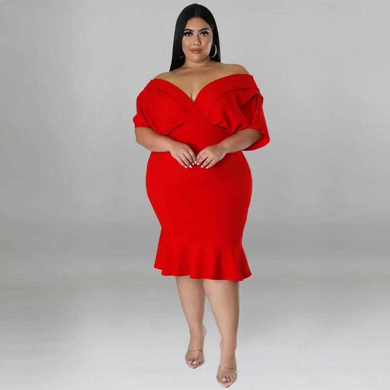 Plus Size Women's Clothing 2022 Summer New Product Personality V-neck Solid Color Hip-pack Ladies Dress XL-5XL Oversized