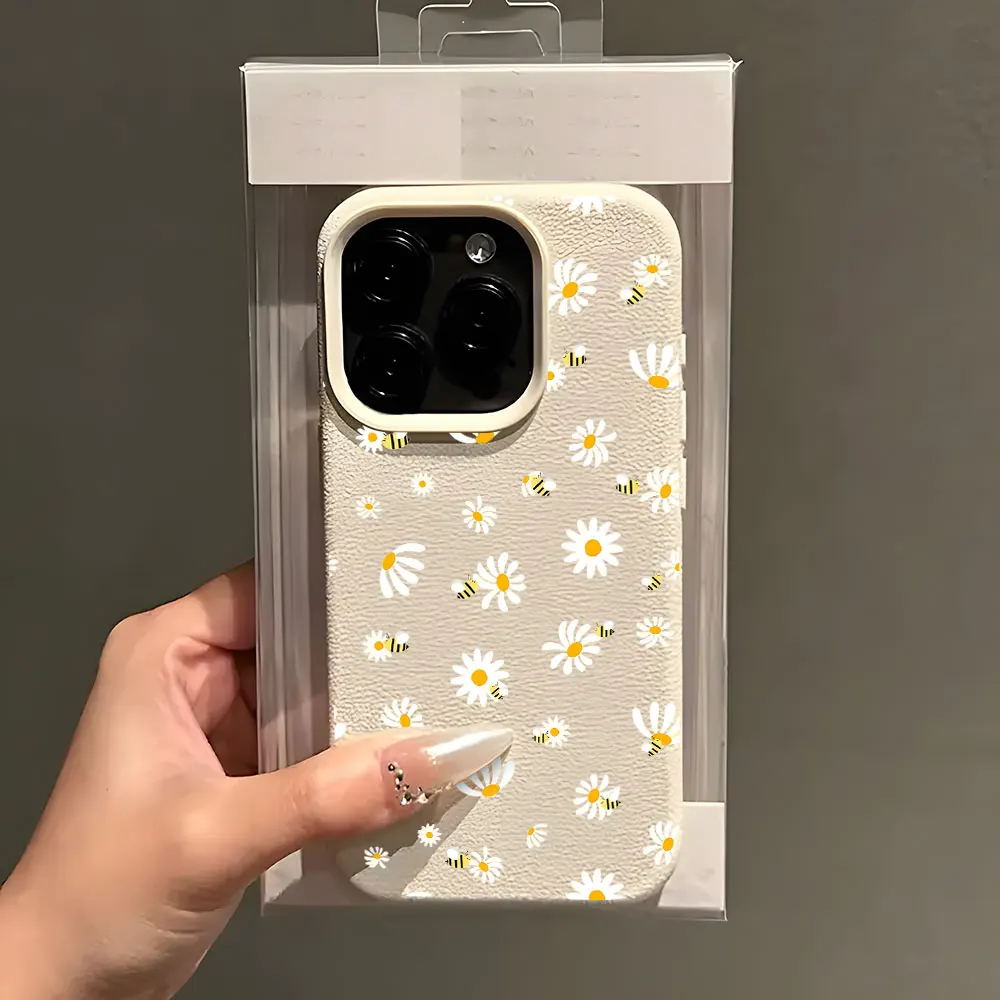 Фото Милый чехол для телефона с узором «Пчелка и ромашка» для iPhone 17, 16 Pro, 15, 14, 13, 12, 11 Pro Max, 14, 15 Plus, 17 Air, X, Xs, XR, мягкий чехол с текстурой личи №4