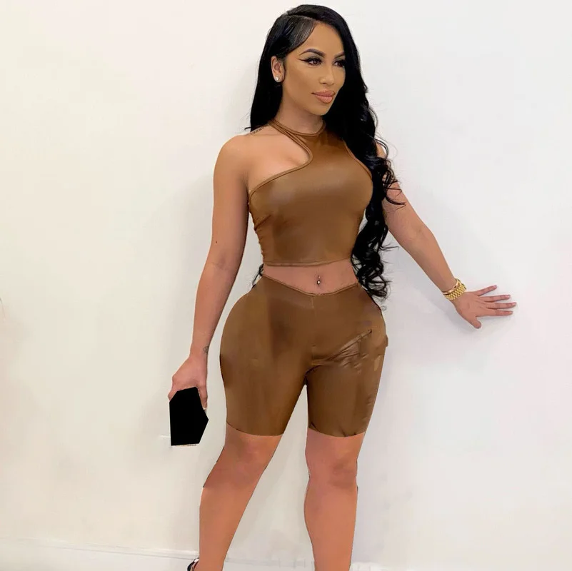 

KEXU Faux PU Leather Women's Set for 2023 Elegant Tank Shorts Matching Two 2 Piece Set Outfits Fitness Tracksuit