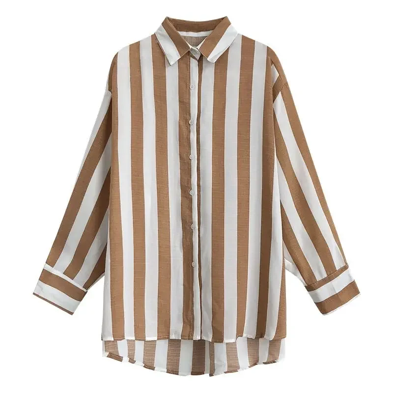 Французские Camisas De Mujer, свободные полосатые офисные женские рубашки с воротником-поло и длинными рукавами, женские корейские модные блузки Femmes, трендовые топы (art.: 3920cd0dd273b) - 3920cd0dd273b