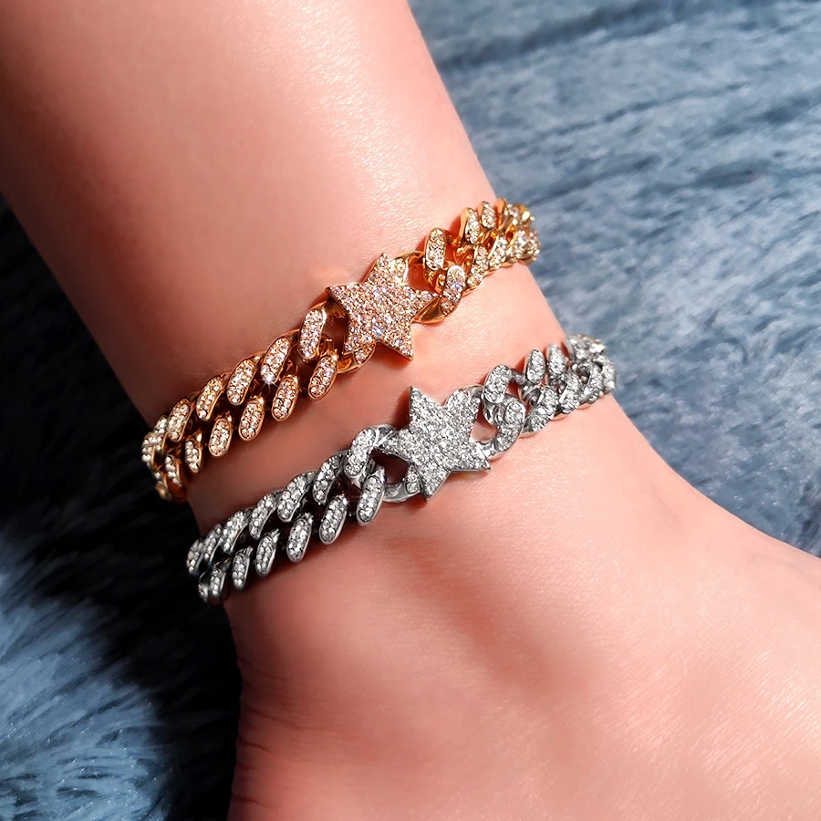 

Fashion Iced Out Paved Rhinestone Star Cuban Anklets Bracelet for Women Hip Hop Bling Crystal Link Chain Anklet Leg Foot Jewelry