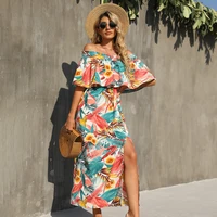 maxi dress women fashion bohemian sexy print slit one shoulder dress sicilian fashion vacation summer 2022 western style