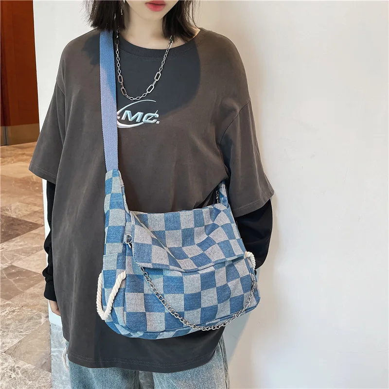 

Women Shoulder Crossbody Bag Large Plaid Canvas Shopper Bag for Woman 2022 Cotton Cloth Unisex Student Book Bags Female Handbags