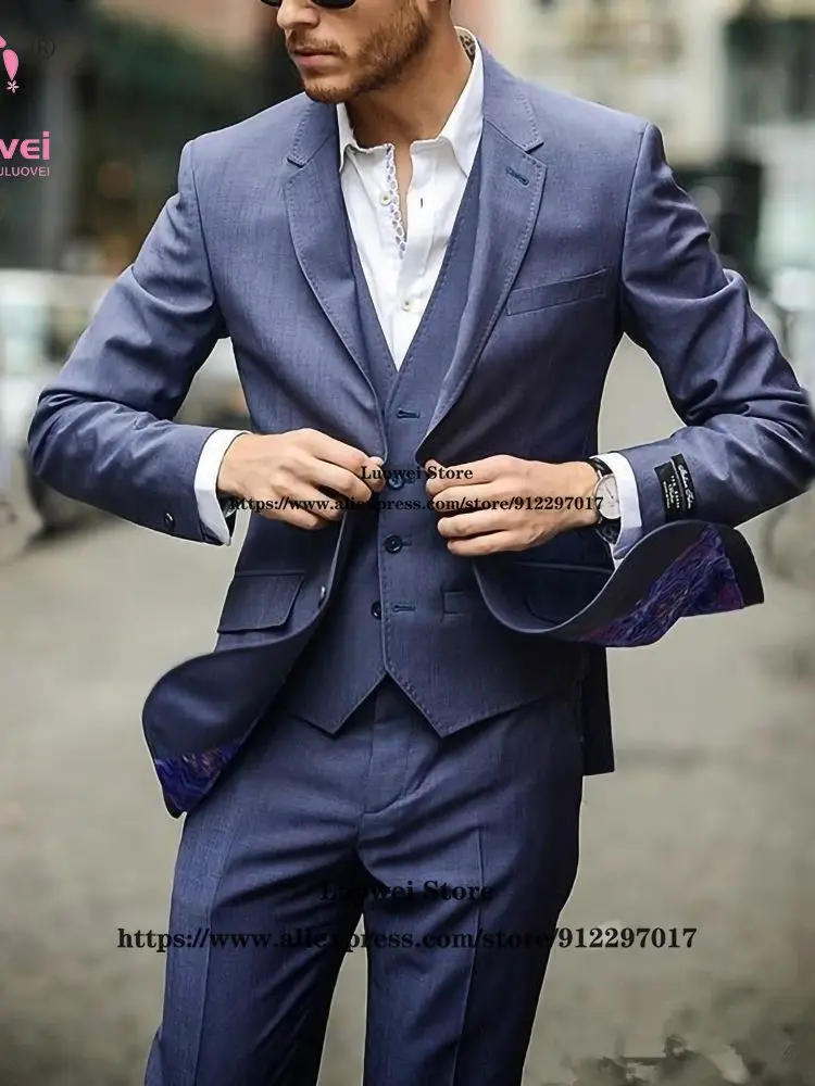 Classic Navy Blue Slim Fit Suits For Men 3 Piece Jacket Vest Pants Set Male Office Business Blazer Formal Groom Wedding Tuxedo