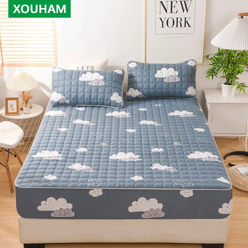 

XOUHAM 100% Polyester Fitted Sheet Quilted Printed Bedspread Non Fading Bedding 3 PCS (1 Fitted Sheet + 2 Pillowcase) Only