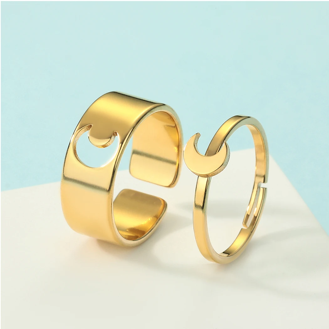 

2pcs Crescent Moon Promise Open Rings for Couples Stainless Steel Engagement Wedding Matching Ring Women Celestial Jewelry Gift