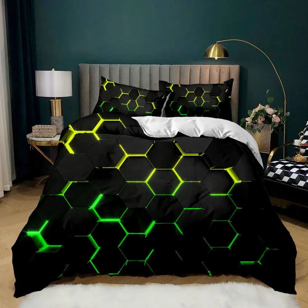 

3D Geometric Print Duvet Cover Queen King Size Black Metal Honeycomb Bedding Set For Teens Boy Bedroom Summer Quilt Cover 2/3Pcs