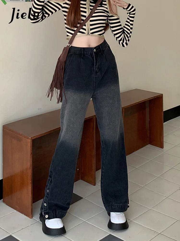 

Retro Gradient Black Jeans Women Autumn Loose Drape Mopping Buttons Straight Pants Streetear Denim Trousers Woman S-XL