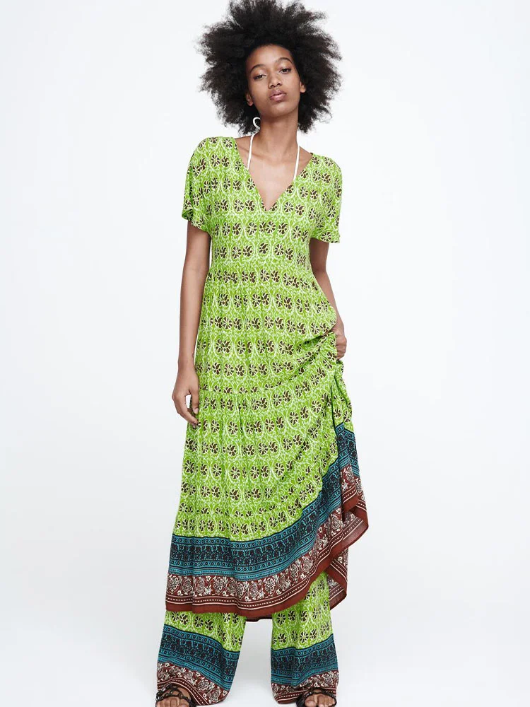 

Summer 2022 New Women's V-Neck Short Sleeve Printed Layered Midi Dress and High Waist Casual Printed Trousers