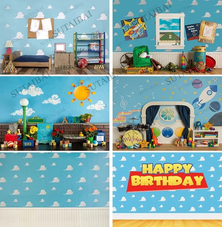 

Kids Birthday Toy Story Backdrop Boys Girls Baby Cartoon Banner Birthday Party Photography Background for Children Cake Table