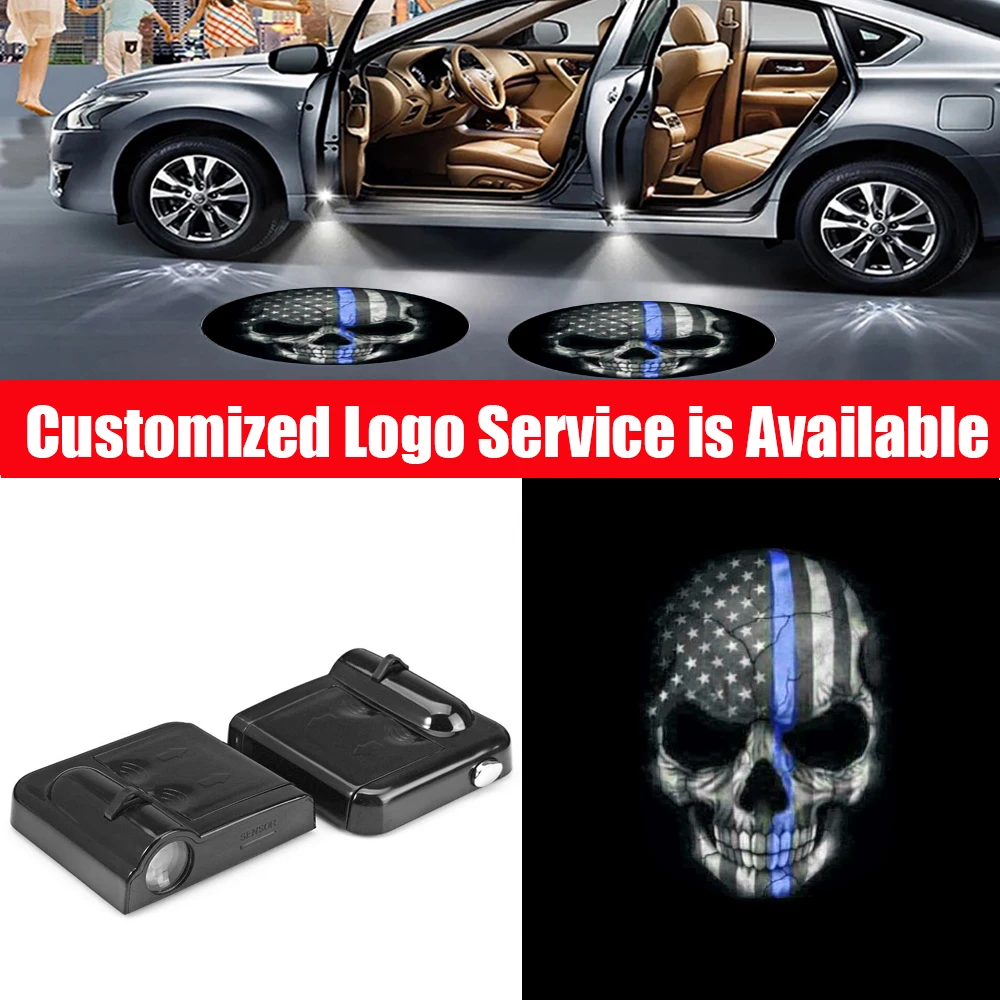 

2PCS USA Skull Head Logo Wireless Car Door LED Welcome Laser Projector Ghost Shadow Night Lights for Universal Auto Decoration