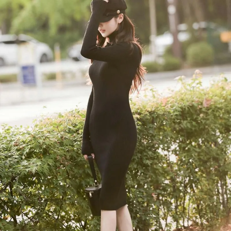 

Черное вязаное крючком женское платье, облегающие Женские платья, водолазка, одежда, накидка до колена, средней длины, эстетические трендовые новые платья