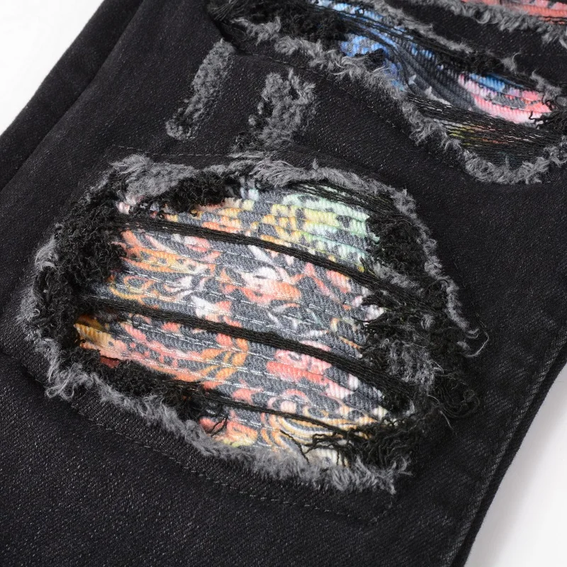 Men's Black Distressed Streetwear Style Colorful Bandana Ribs Patches Skinny Stretch Holes Slim Fit High Street Ripped Jeans