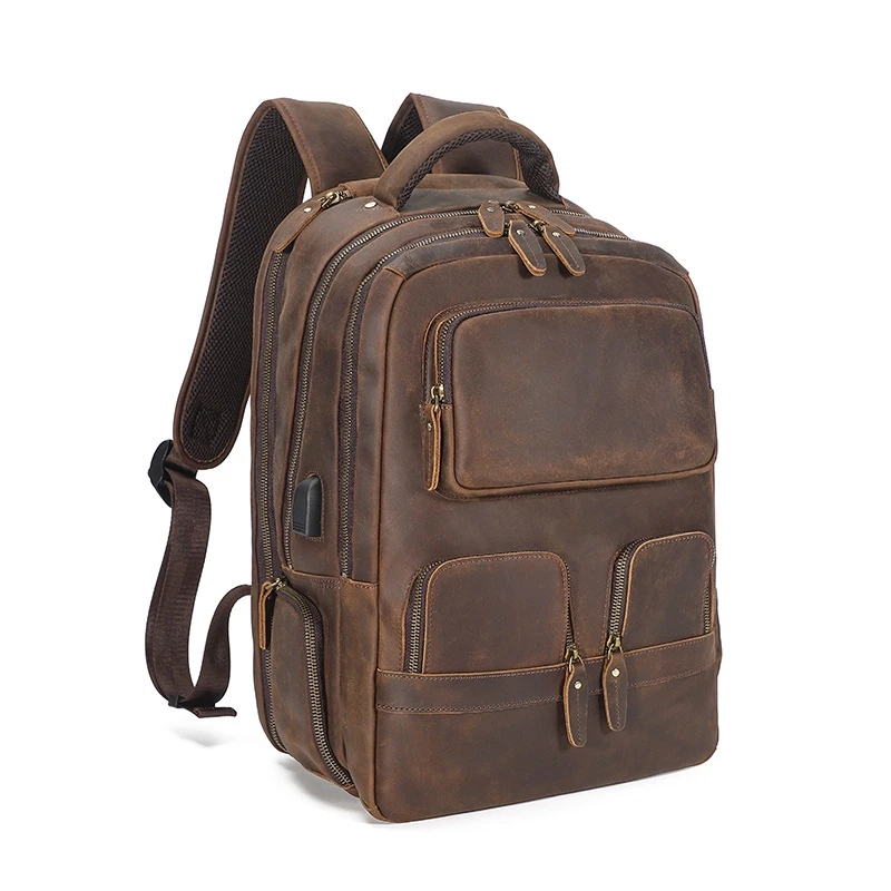 Винтажный роскошный кожаный рюкзак Crazy Horse для мужчин с USB-зарядкой ноутбука 15 6