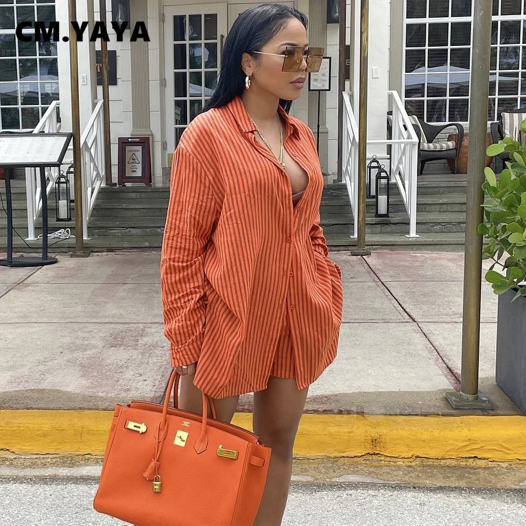 Уличный Женский комплект в полоску CM.YAYA однобортная рубашка с длинным рукавом и