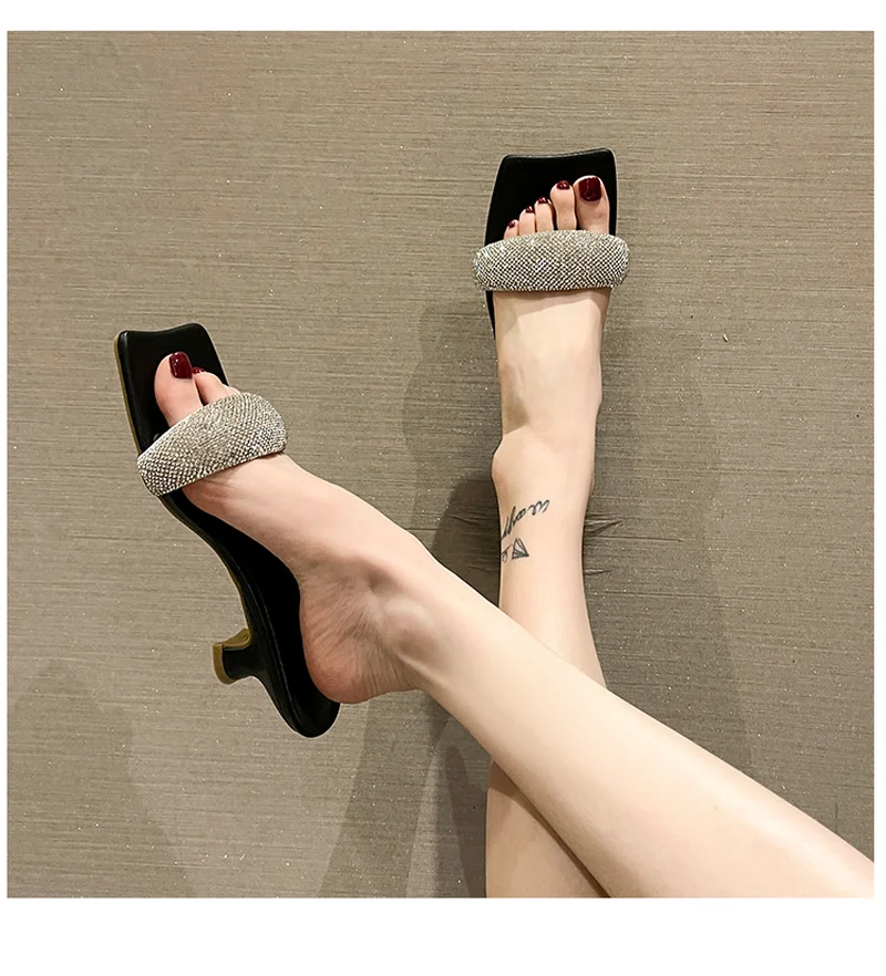 Summer women's slippers high-heeled shiny temperament sandals 2022 new rhinestone mid-heel sandals and slippers
