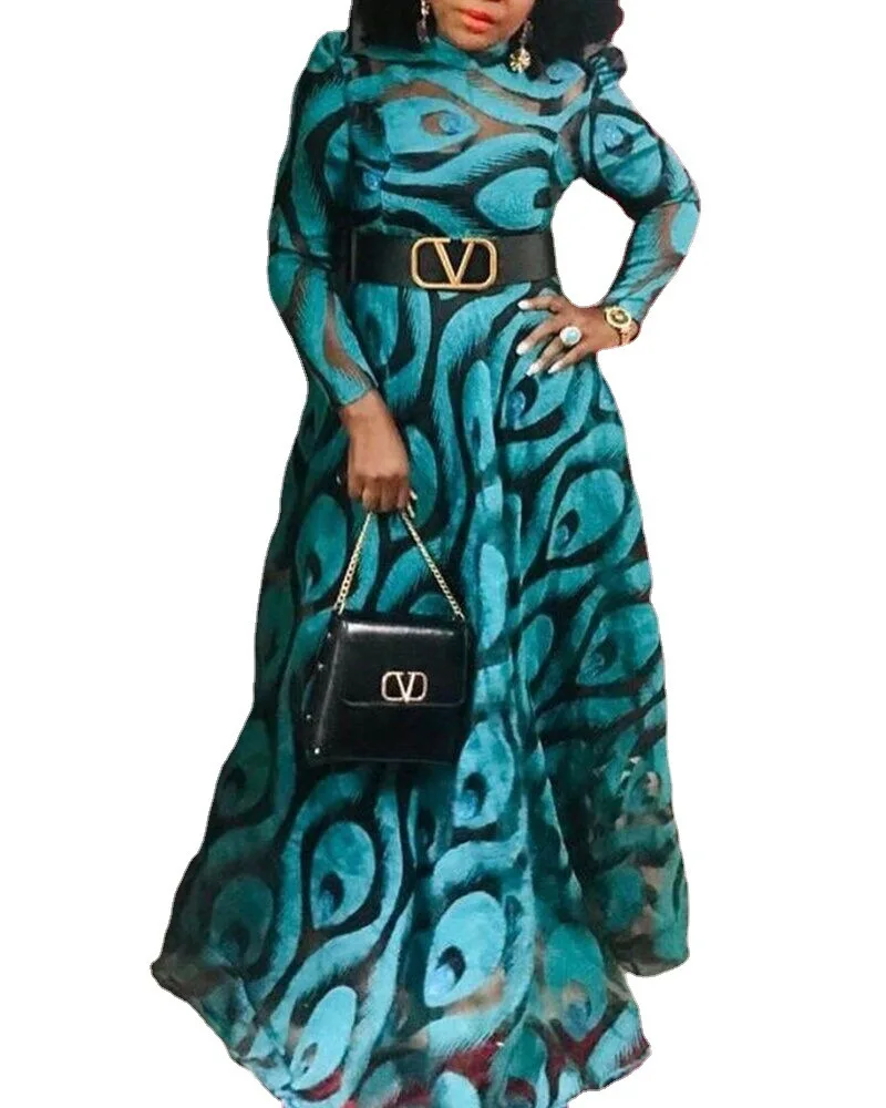 

2022 Autumn Women New Trendy Long Skirt Mid Waist Hedging Printed Green Round Neck Long Sleeve Commuter Dress