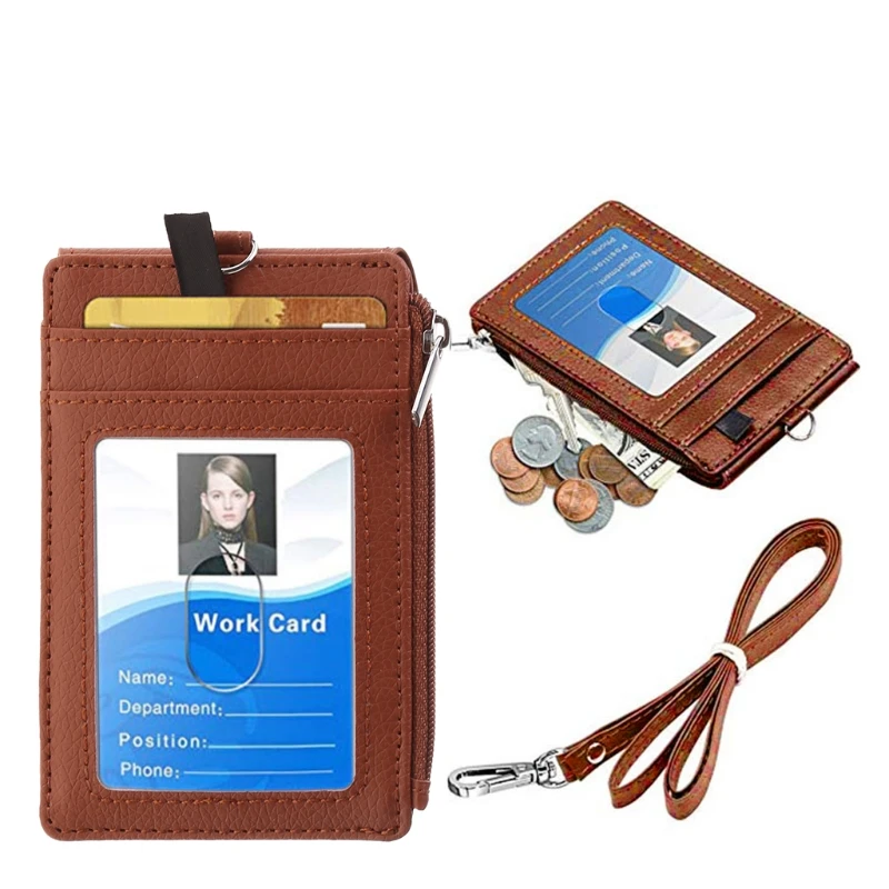 

Badge Holder with Zip PU Leather ID Badge Card Holder Wallet with 5 Card Slots,1 Side RFID Blocking Pocket Neck Strap