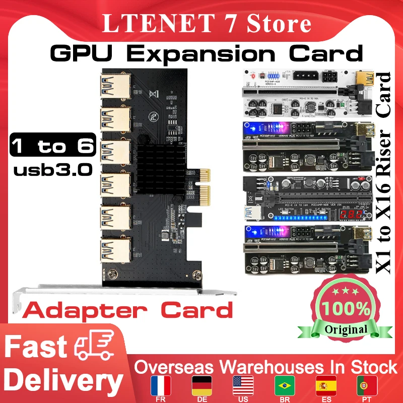 

1+6Pcs/set PCIE 1x to 6 USB 3.0 Riser Card 1x to 16x VER009S/VER010-X/VER010S PLUS/VER12X/VER15X GPU PCI-E Riser Card For Mining