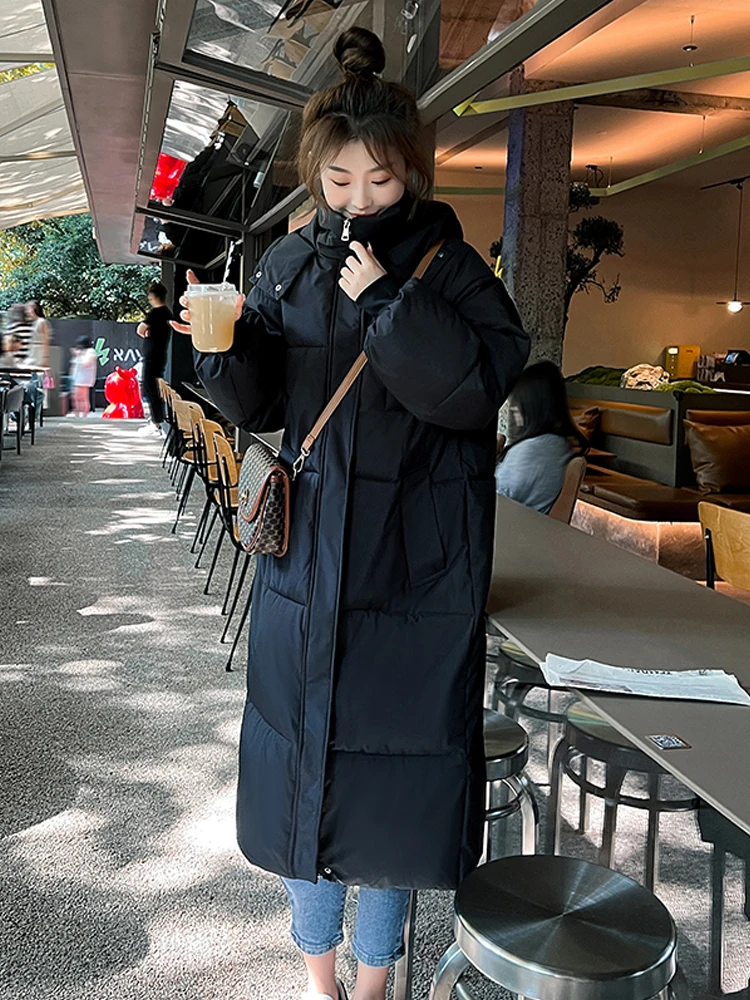 2022 Korean Style Women Winter X-long Parka Solid Hooded Thicken Warm Female Snow Wear Coat Padded Loose Long Parkas