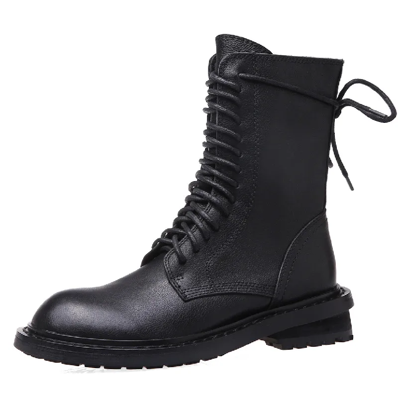 

Dilalula Cool Casual Women Ankle Boots Cross-Tied Motorcycle Boots Outdoor Autumn Winter Thick Heels Genuine Leather Shoes Woman