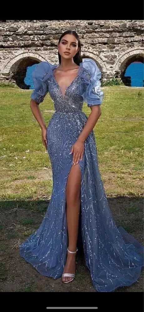 

Verngo Glitter Dusty Blue Mermaid Evening Dresses Half Sleeves Ruffles V Neck Side Slit Long Prom Dress Dubai Women Event Dress