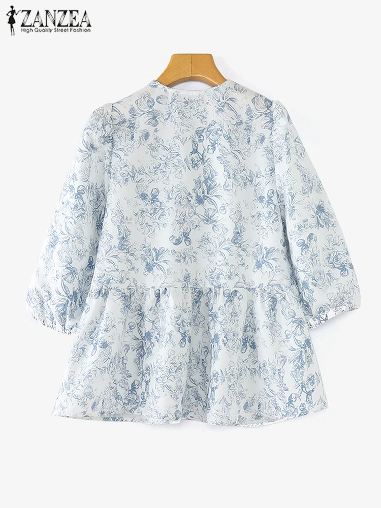 ZANZEA женские пышные блузки с короткими рукавами повседневные свободные круглым